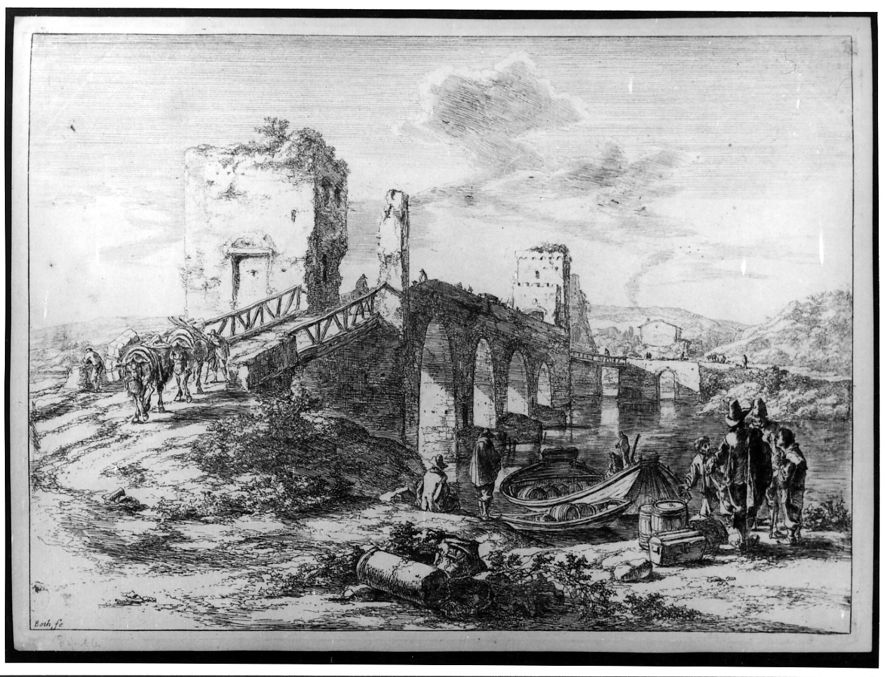 LE PONT DE PIERRE, paesaggio con ponte e figure (stampa) di Both Jan (prima metà sec. XVII)