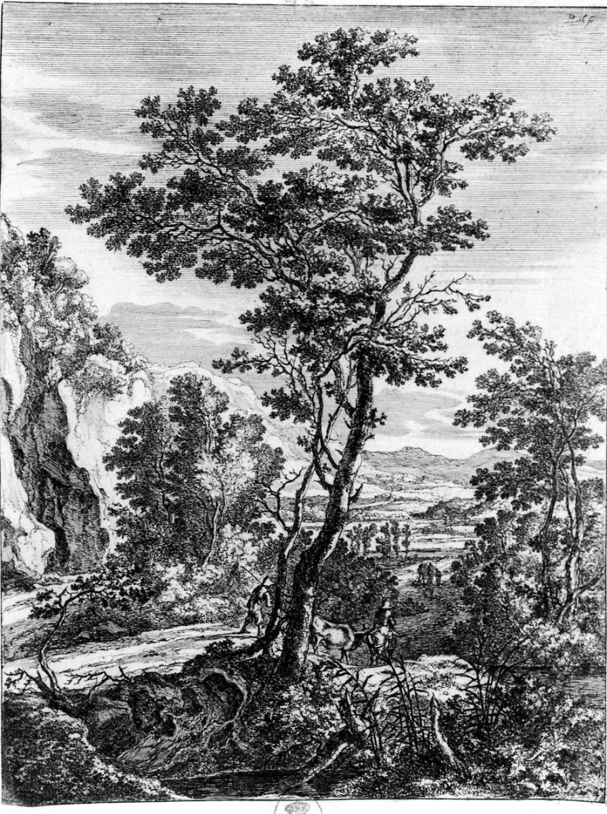 IL GRANDE ALBERO, scena campestre con figure (stampa) di Both Jan (prima metà sec. XVII)