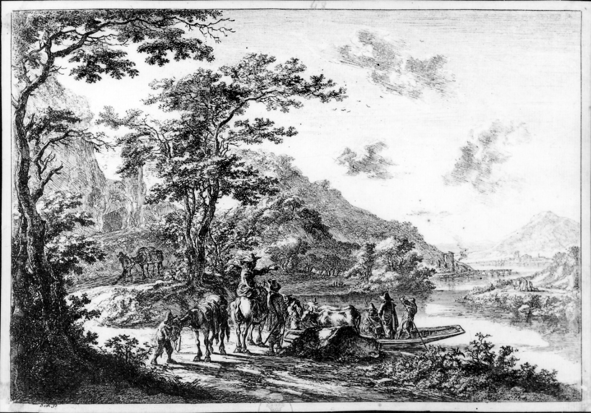 IL TRAGHETTO, paesaggio fluviale con figure ad un traghetto (stampa) di Both Jan (prima metà sec. XVII)