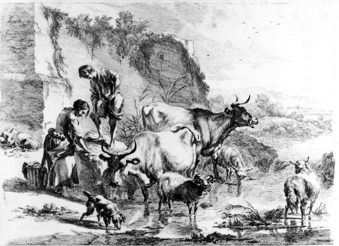 LA LAVANDAIA E LA MANDRIA ALL' ABBEVERATOIO, lavandaia e giovane con animali all'abbeverata (stampa) di Berchem Nicolaes, Visscher Cornelis II (metà sec. XVII)