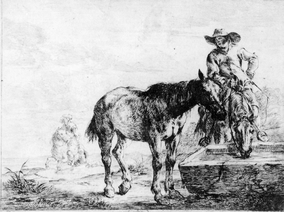 UN UOMO A CAVALLO CHE BEVE DA UN FONTANILE, cavalli all'abbeverata (stampa) di Stoop Dirck (metà sec. XVII)