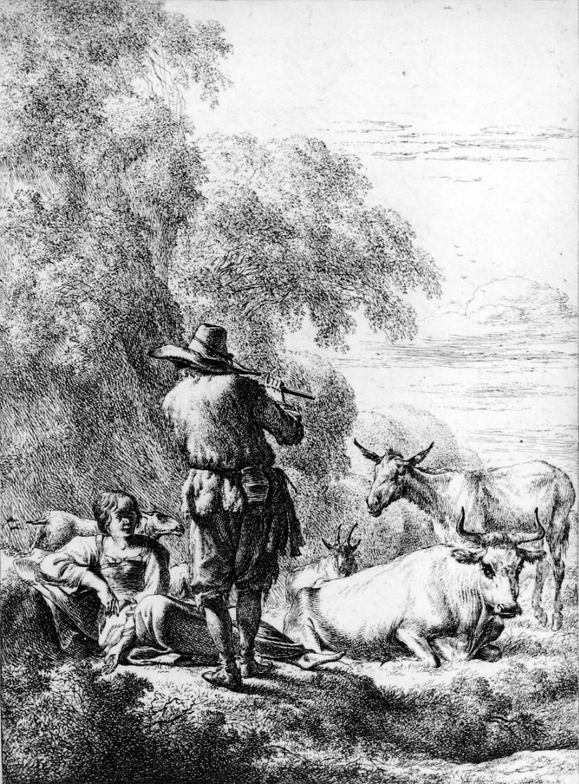 SUONATORE DI FLAUTO, scena campestre con figure (stampa) di Berchem Nicolaes (metà sec. XVII)