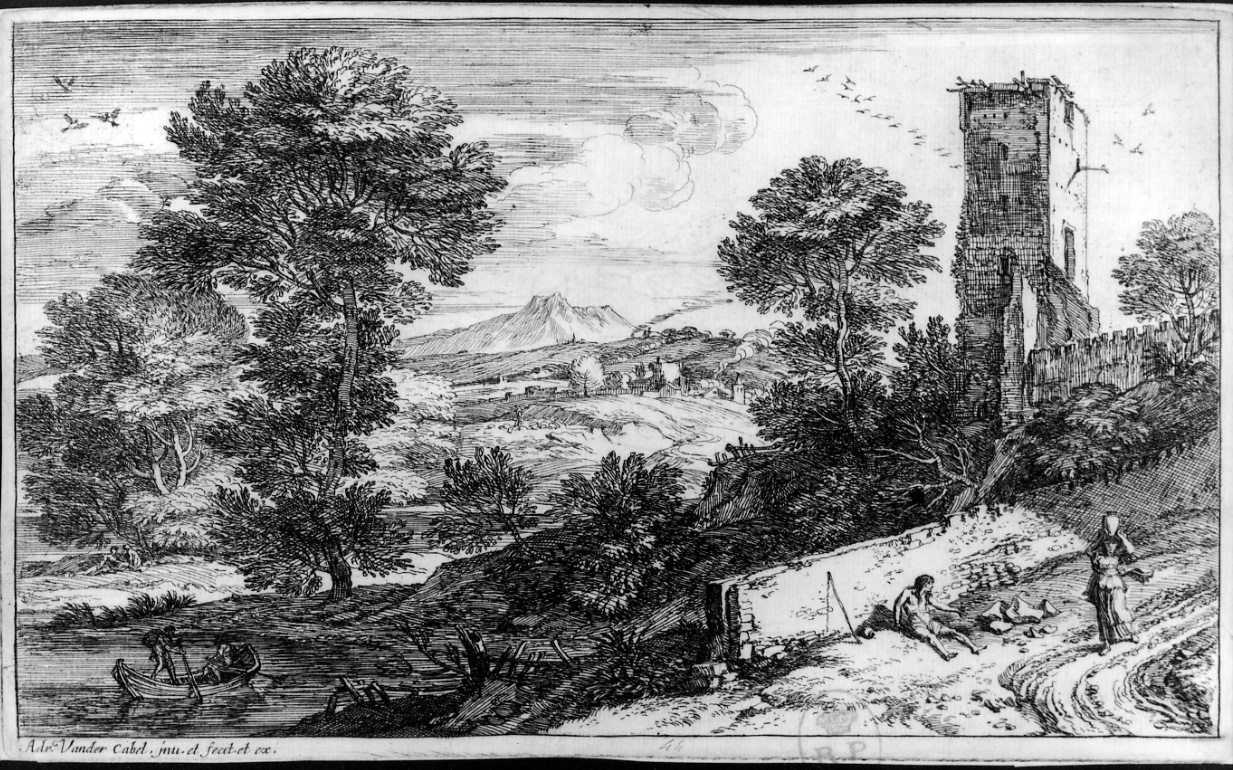 IL MENDICANTE, scena campestre con figure (stampa) di Van der Cabel Adriaen (seconda metà sec. XVII)