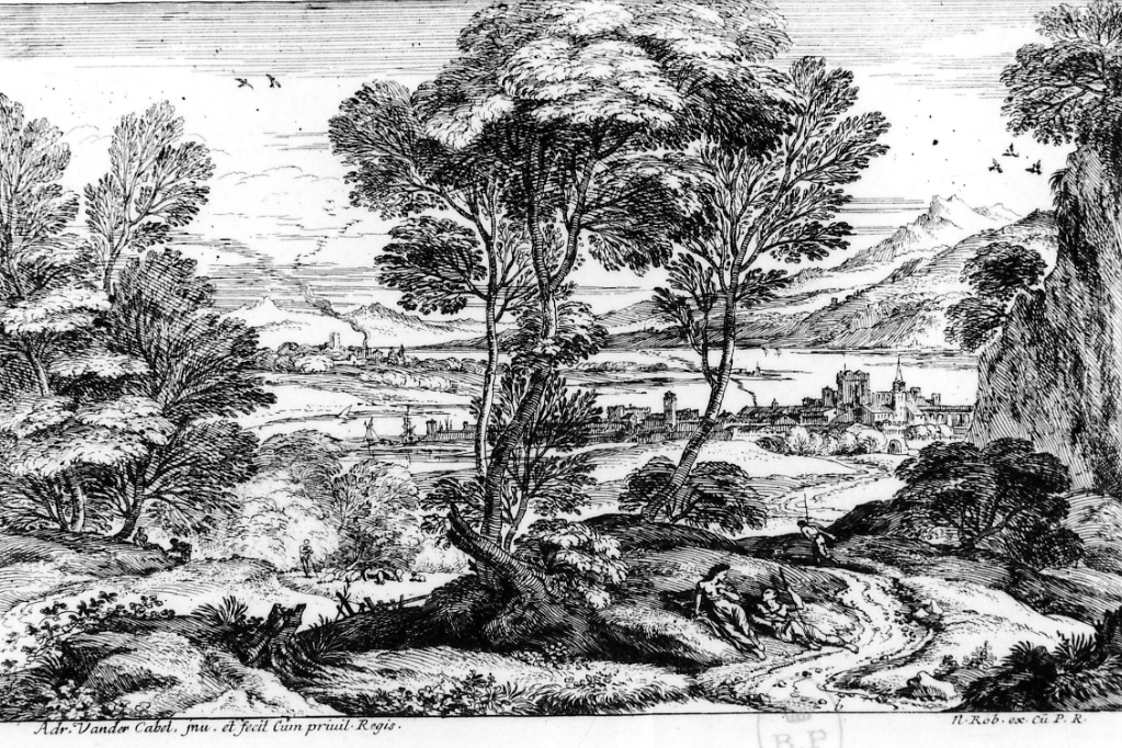 PAESAGGIO CON ALBERILE BOUQUET D' ARBRES AU MILEU DU SUJET, paesaggio con figure (stampa) di Van der Cabel Adriaen (seconda metà sec. XVII)