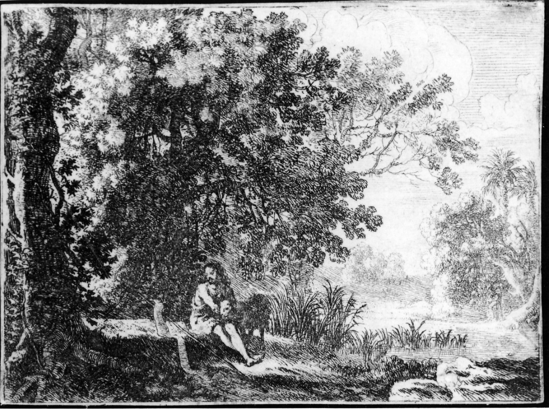 SAN GIOVANNI BATTISTA NEL DESERTOST. JEAN BAPTISTE DANS LE DESERT, San Giovanni Battista in meditazione nel deserto (stampa) di Van Swanevelt Herman (sec. XVII)