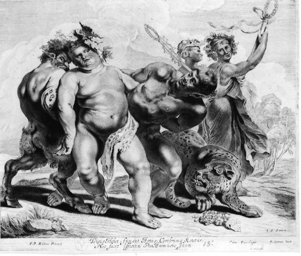 BACCO UBRIACO, Bacco ebbro con pantera, satiro e figure femminili (stampa) di Rubens Pieter Paul, Snyderhoef Joras (sec. XVII)