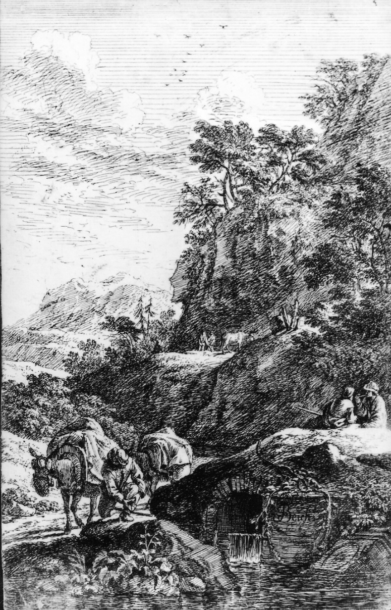 PAESAGGIO CON VIANDANTI, scena campestre con figure (stampa) di Beich Joachim Franz (fine sec. XVII)