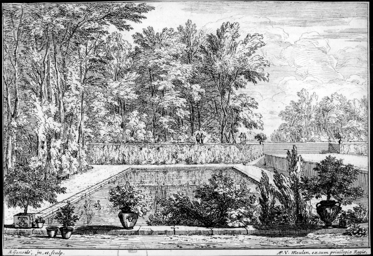 LA PISCINA, giardino con piscina (stampa) di Genoels Abraham (seconda metà sec. XVII)