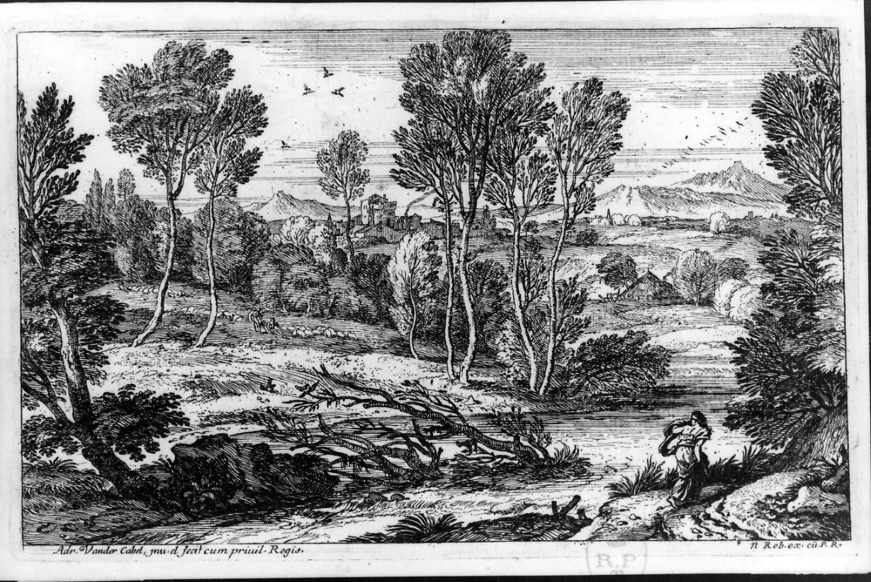 LA DONNA CHE HA FRETTA, scena campestre con figure (stampa) di Van der Cabel Adriaen (seconda metà sec. XVII)