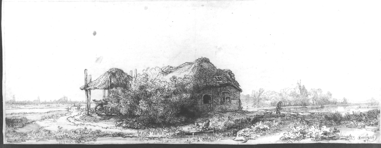 LA CAPANNA E IL FIENILE, paesaggio con casolare (stampa) di Van Rijn Rembrandt Harmenszoon (metà sec. XVII)
