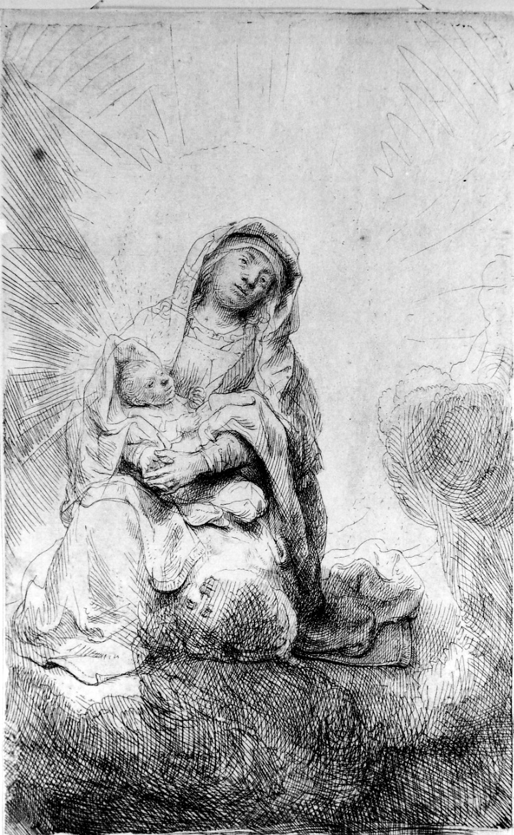 LA VERGINE E IL BAMBINO GESÙ SULLE NUBI, Madonna con Bambino (stampa) di Van Rijn Rembrandt Harmenszoon (metà sec. XVII)