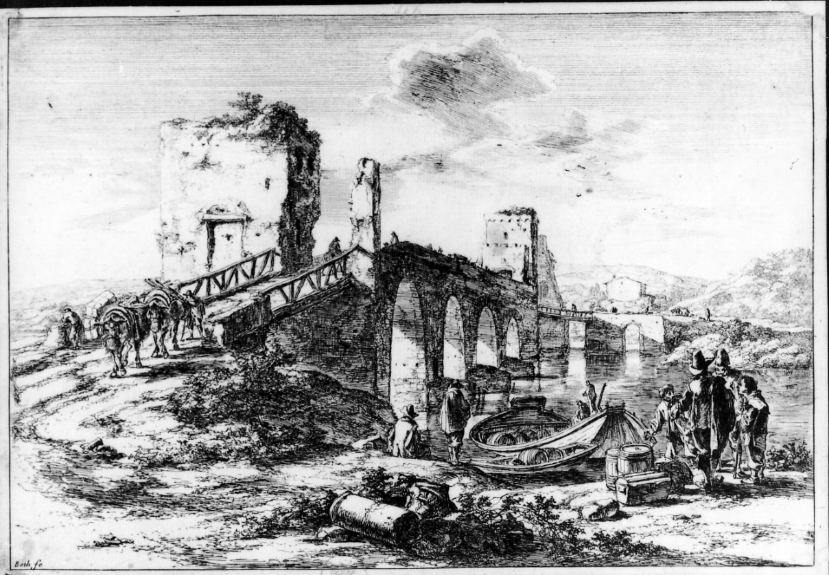 IL PONTE DI PIETRA, paesaggio con ponte e figure (stampa) di Both Jan (prima metà sec. XVII)