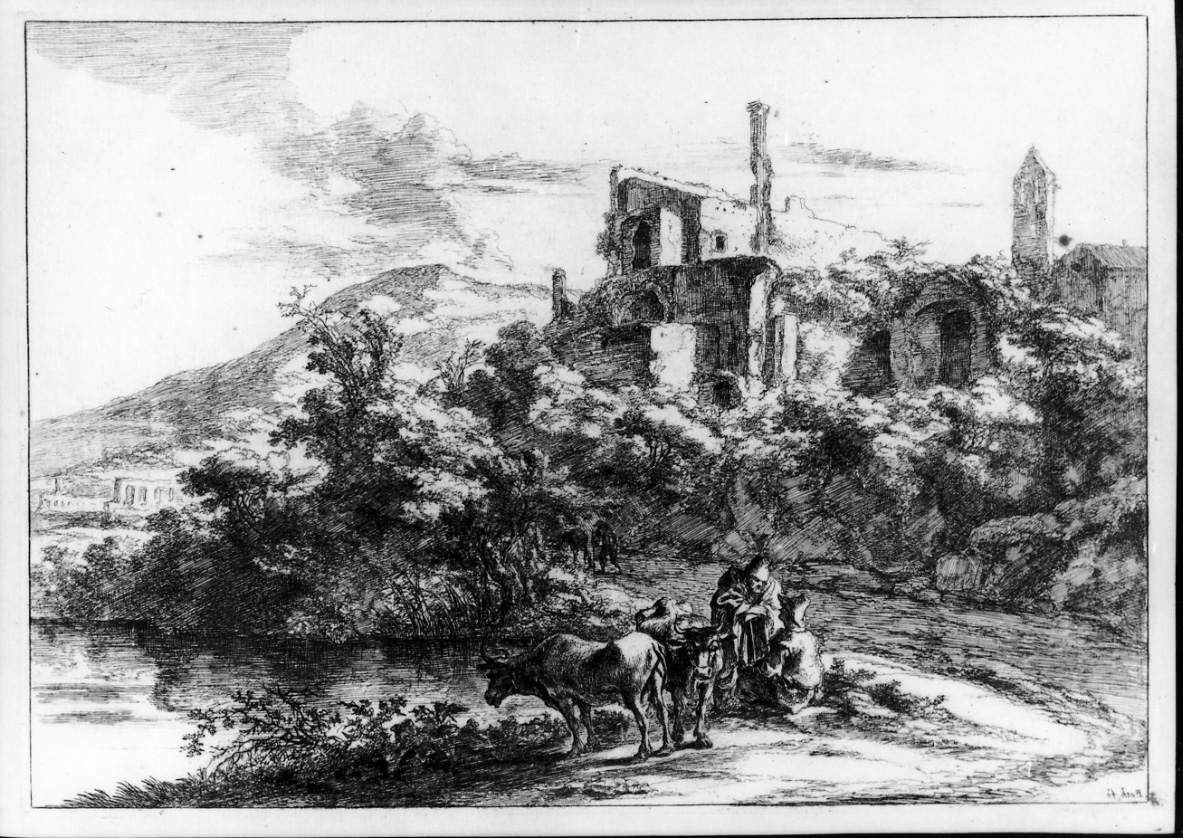 DUE MUCCHE SULLA SPONDA DEL FIUME, paesaggio con rovine, pastori e bestiame (stampa) di Both Jan (prima metà sec. XVII)