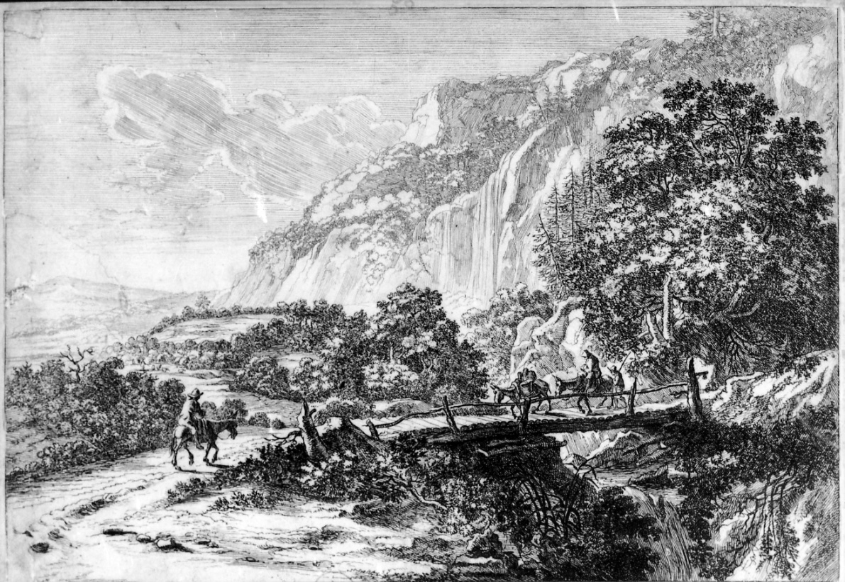IL PONTE DI LEGNO, paesaggio con ponte e figure (stampa) di Both Jan (prima metà sec. XVII)