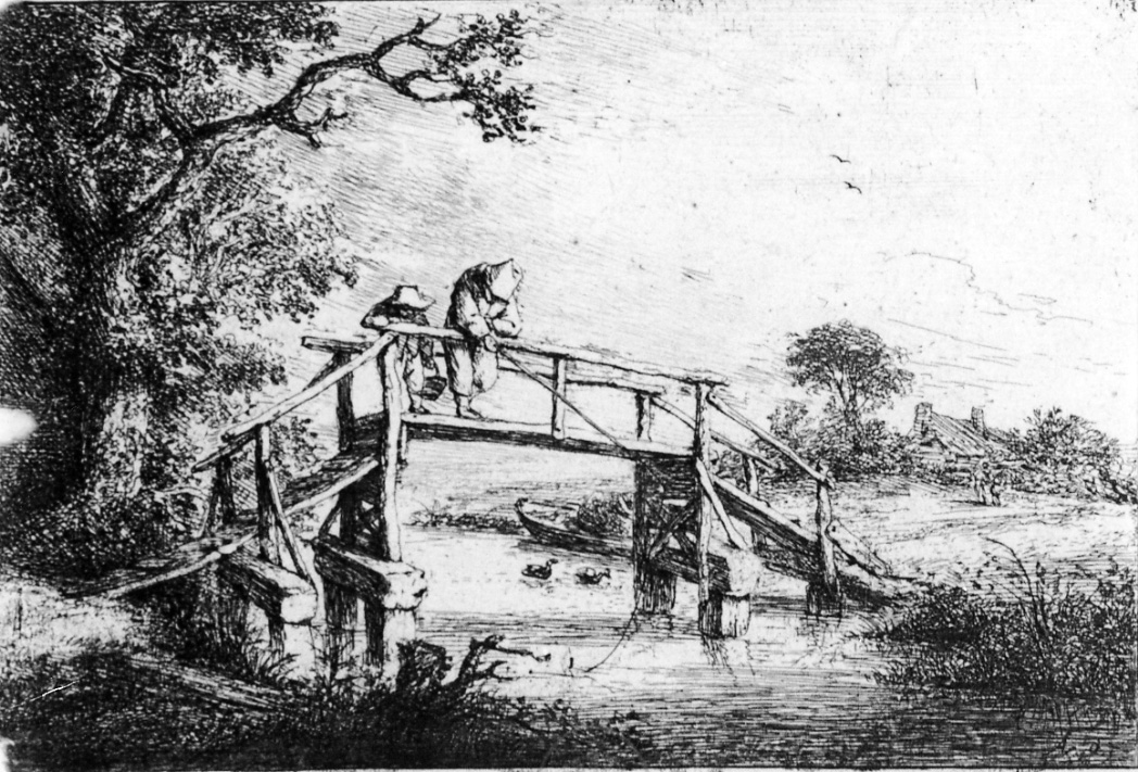 IL PESCATORE, paesaggio con ponte e pescatori (stampa) di Van Ostade Adriaen (metà sec. XVII)