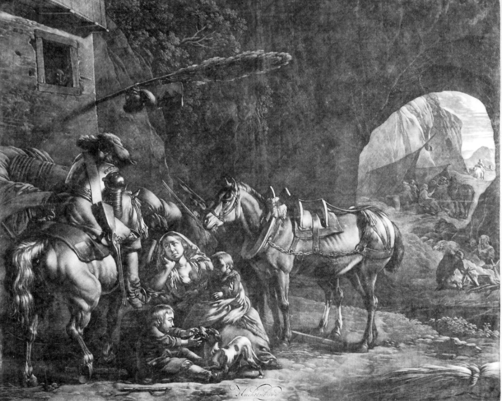 LA MADRE DEI DUE FANCIULLI, figura femminile con bambini e cavaliere (stampa) di Huchtenburg Jan (fine sec. XVII)