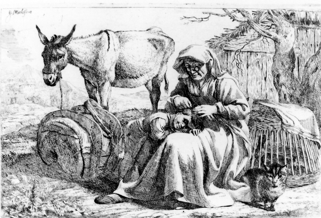 LA CACCIATRICE DI PIDOCCHI, donna anziana che spidocchia un bambino e animali (stampa) di Miel Jan (sec. XVII)