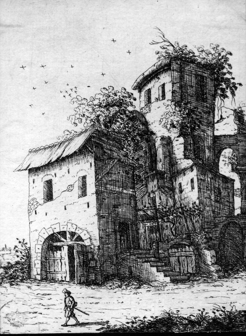 PAESAGGIO CON TORRE, paesaggio con architetture (stampa) di Schaese (sec. XVII)