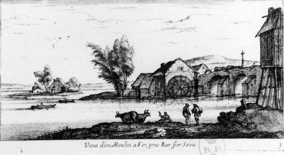 veduta del mulino da fucina di Bar sulla Senna (stampa, elemento d'insieme) di Flamen Albert (seconda metà sec. XVII)