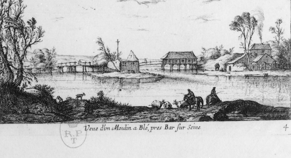 veduta del mulino da grano di Bar sulla Senna (stampa, elemento d'insieme) di Flamen Albert (seconda metà sec. XVII)