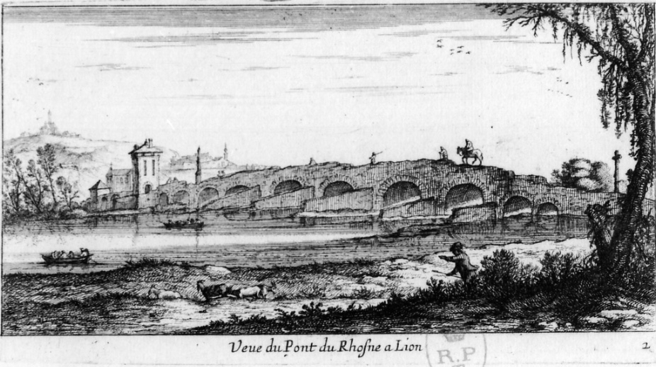 veduta del ponte sul Rodano di Lione (stampa, elemento d'insieme) di Flamen Albert (seconda metà sec. XVII)