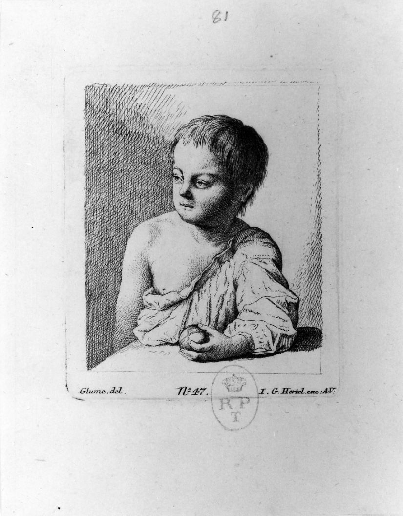 FANCIULLO CON LA PALLA, ritratto di bambino (stampa, elemento d'insieme) di Glume Johann Gottlieb (attribuito) (seconda metà sec. XVIII)