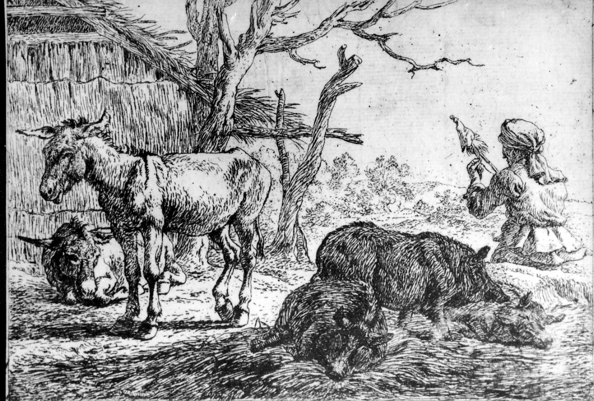TRE PORCI E DUE ASINI, animali e contadina che fila la lana (stampa) di Van Laer Pieter Jacobsz detto Bamboccio, Stoop Dirck (prima metà sec. XVII)