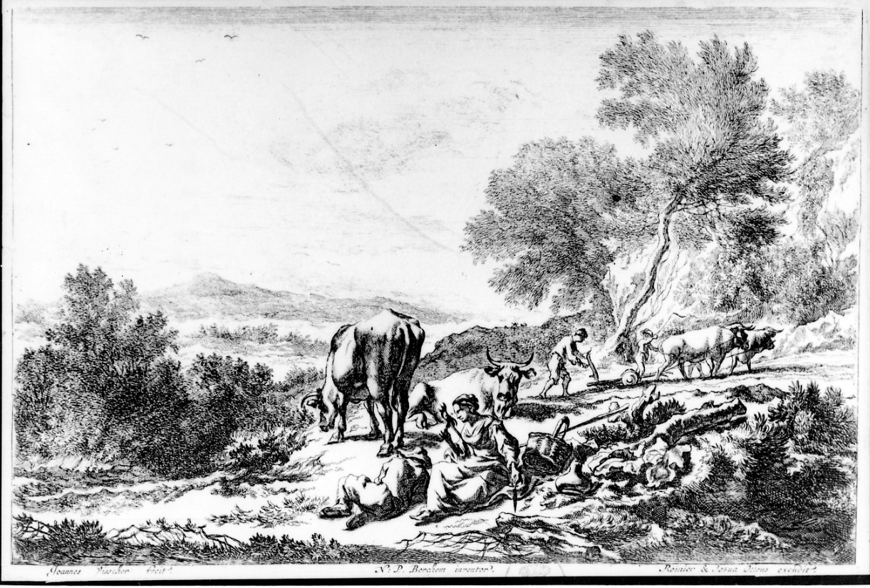 DONNA SEDUTA CHE FILA E ALTRE FIGURE, SCENA CAMPESTRE CON FIGURE (stampa) di De Visscher Jan, Berchem Nicolaes (seconda metà sec. XVII)