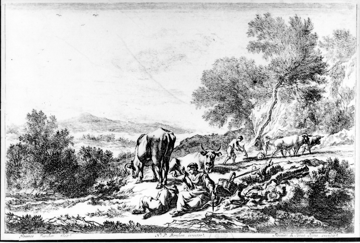 DONNA SEDUTA CHE FILA E ALTRE FIGURE, SCENA CAMPESTRE CON FIGURE (stampa) di De Visscher Jan, Berchem Nicolaes (seconda metà sec. XVII)