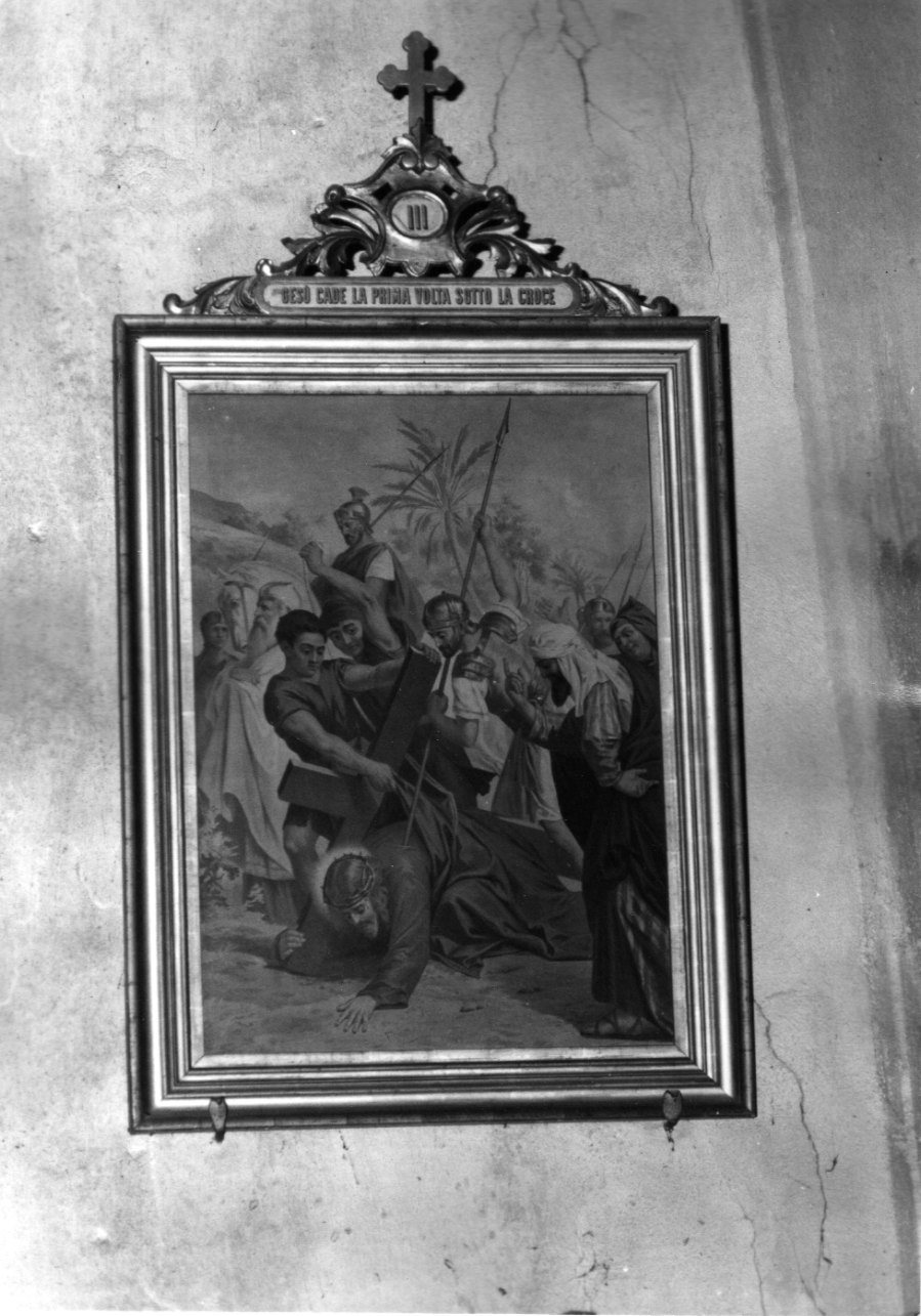 stazione III: Gesù cade sotto la croce la prima volta (stampa a colori, elemento d'insieme) - ambito ligure-piemontese (inizio sec. XX)