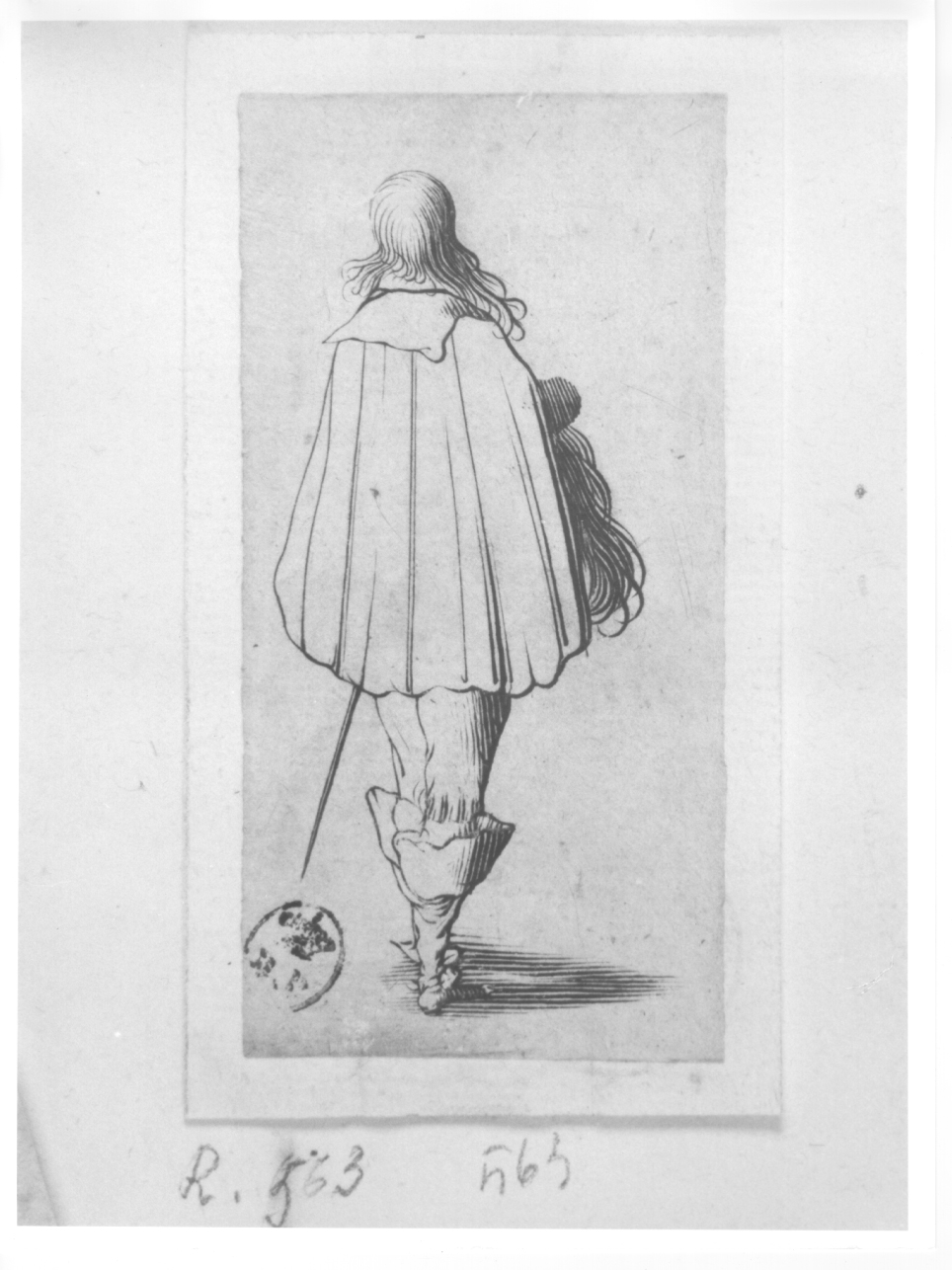 cavaliere di schiena, figura maschile (stampa) di Callot Jacques (primo quarto sec. XVII)
