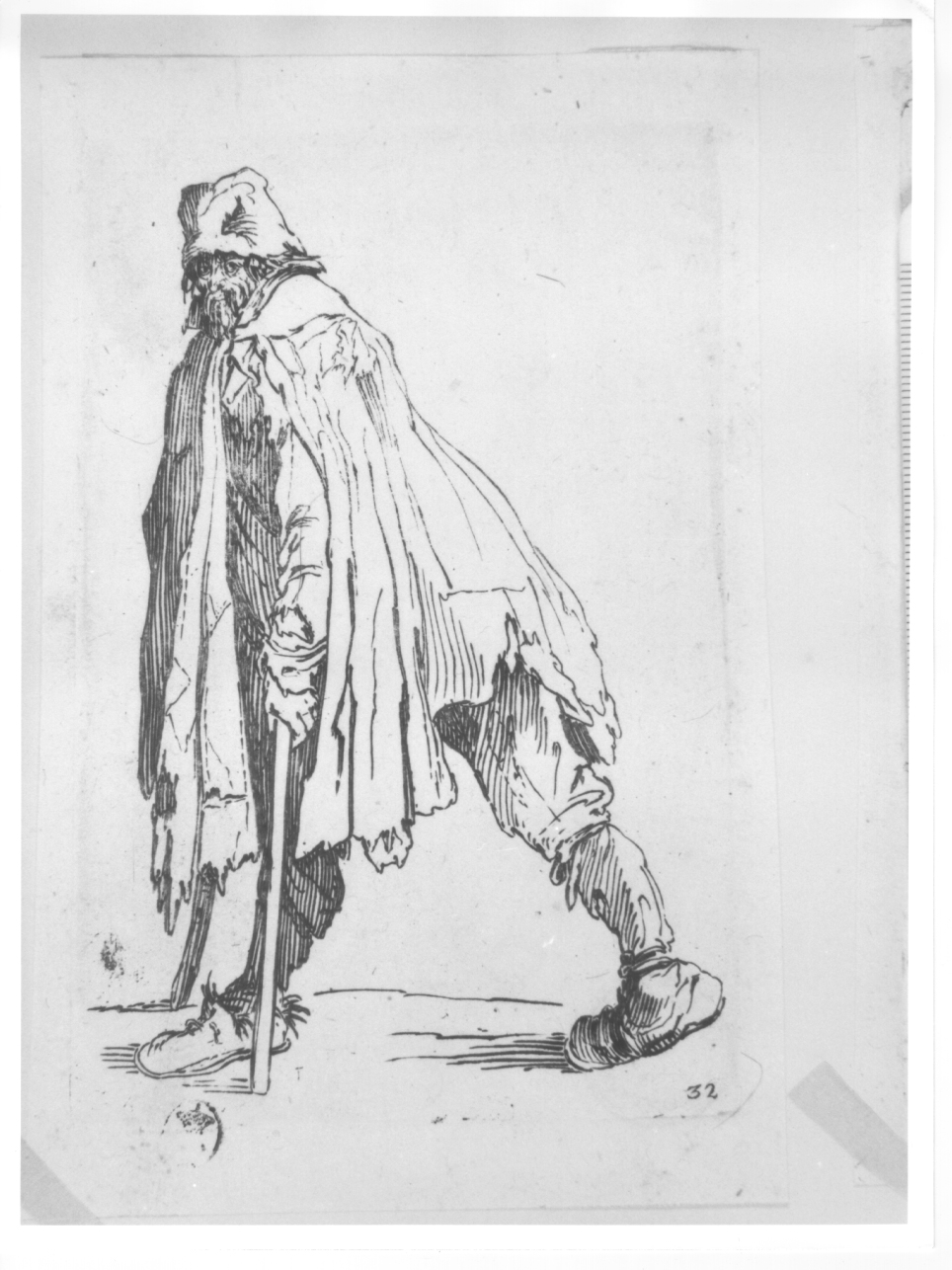 mendicante in cammino, mendicante con grucce (stampa) di Callot Jacques (primo quarto sec. XVII)