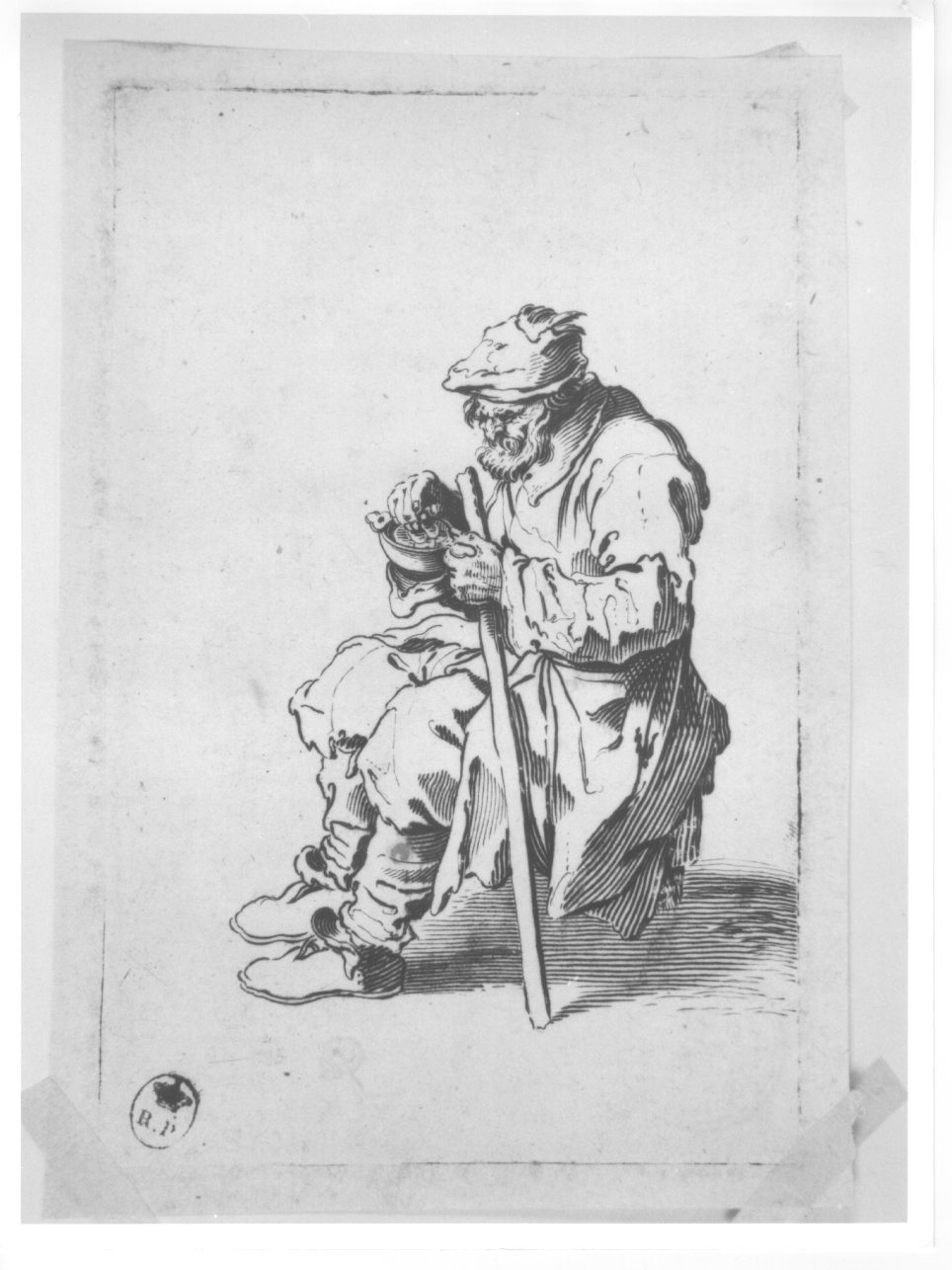 mendicante seduto, mendicante con bastone (stampa) di Callot Jacques (primo quarto sec. XVII)