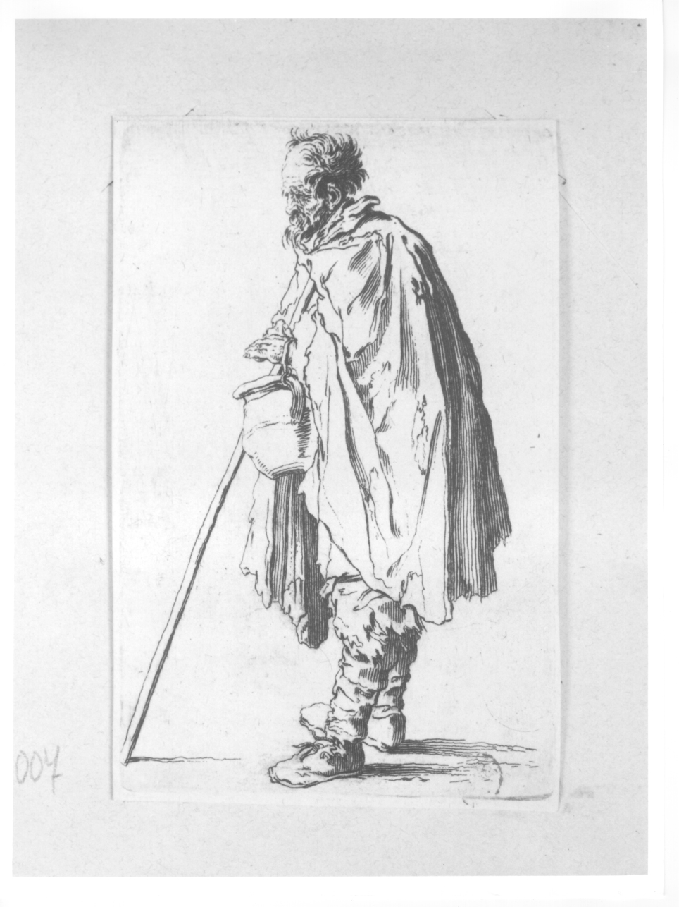 figura di mendicante, mendicante con bastone (stampa) di Callot Jacques (primo quarto sec. XVII)