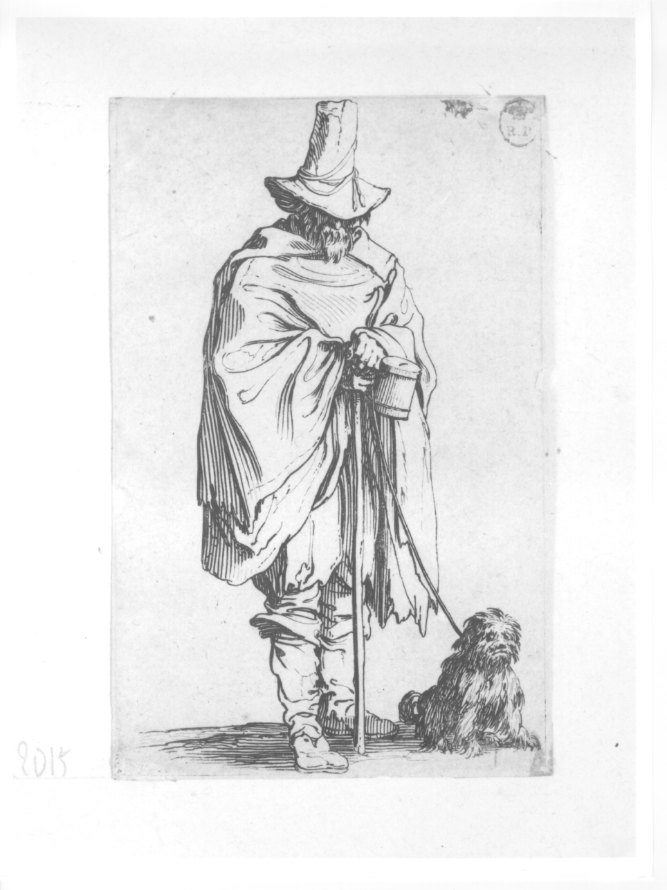 mendicante con cane (stampa) di Callot Jacques (primo quarto sec. XVII)