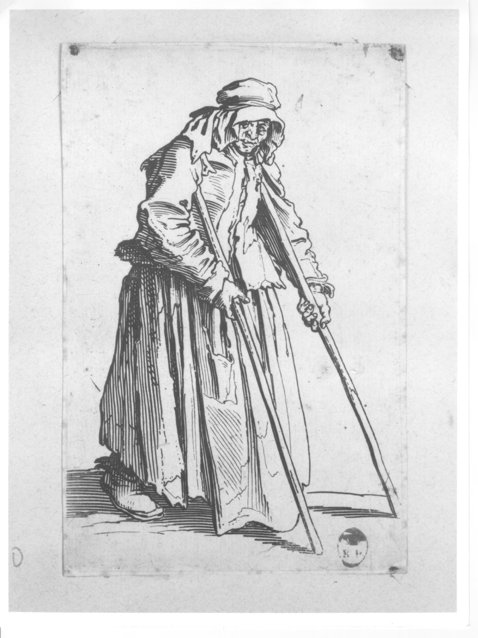 mendicante con grucce (stampa) di Callot Jacques (primo quarto sec. XVII)