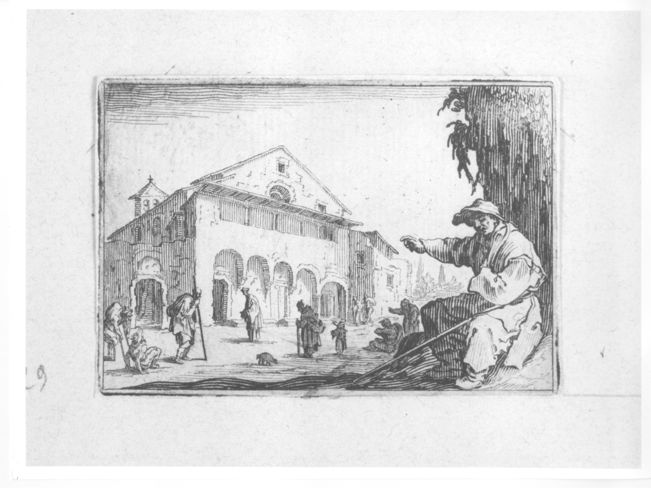 mendicanti davanti ad un ospizio (stampa) di Callot Jacques (primo quarto sec. XVII)