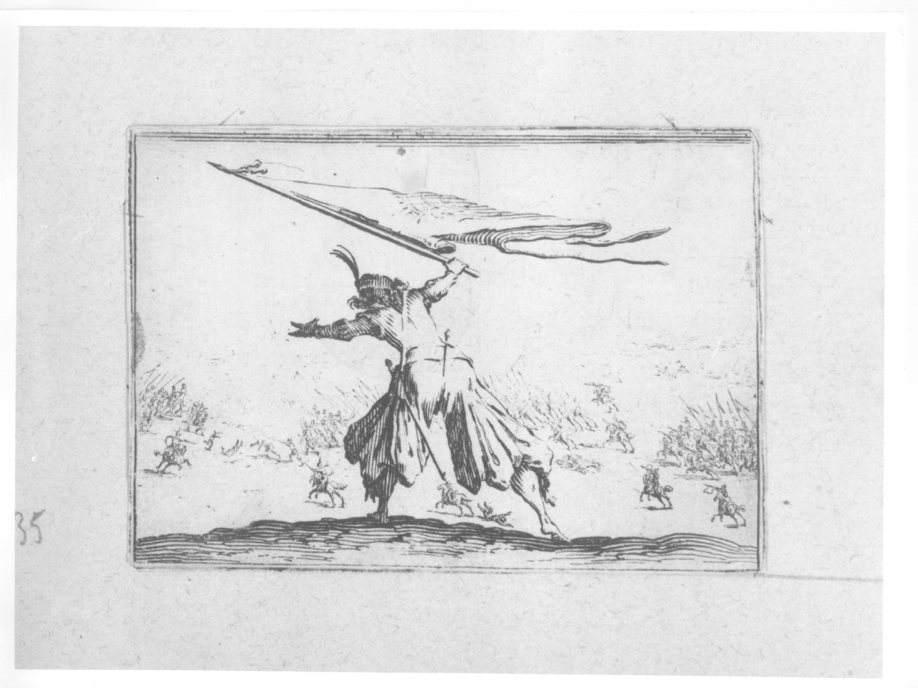 alfiere, alfiere con stendardo e scena di battaglia (stampa) di Callot Jacques (primo quarto sec. XVII)