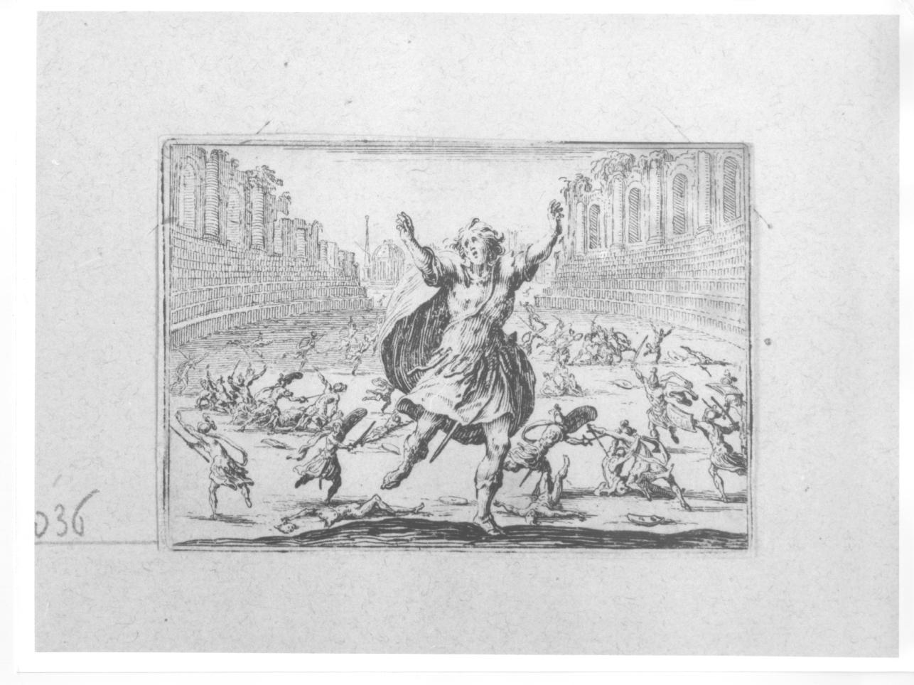 combattimento nell'arena, combattimento tra gladiatori (stampa) di Callot Jacques (primo quarto sec. XVII)