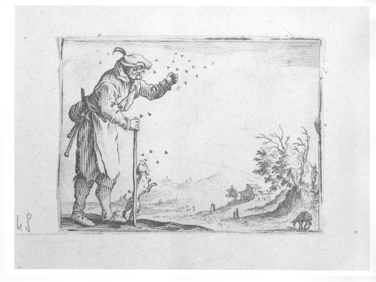 contadino, contadino e cane che scacciano insetti (stampa) di Callot Jacques (primo quarto sec. XVII)