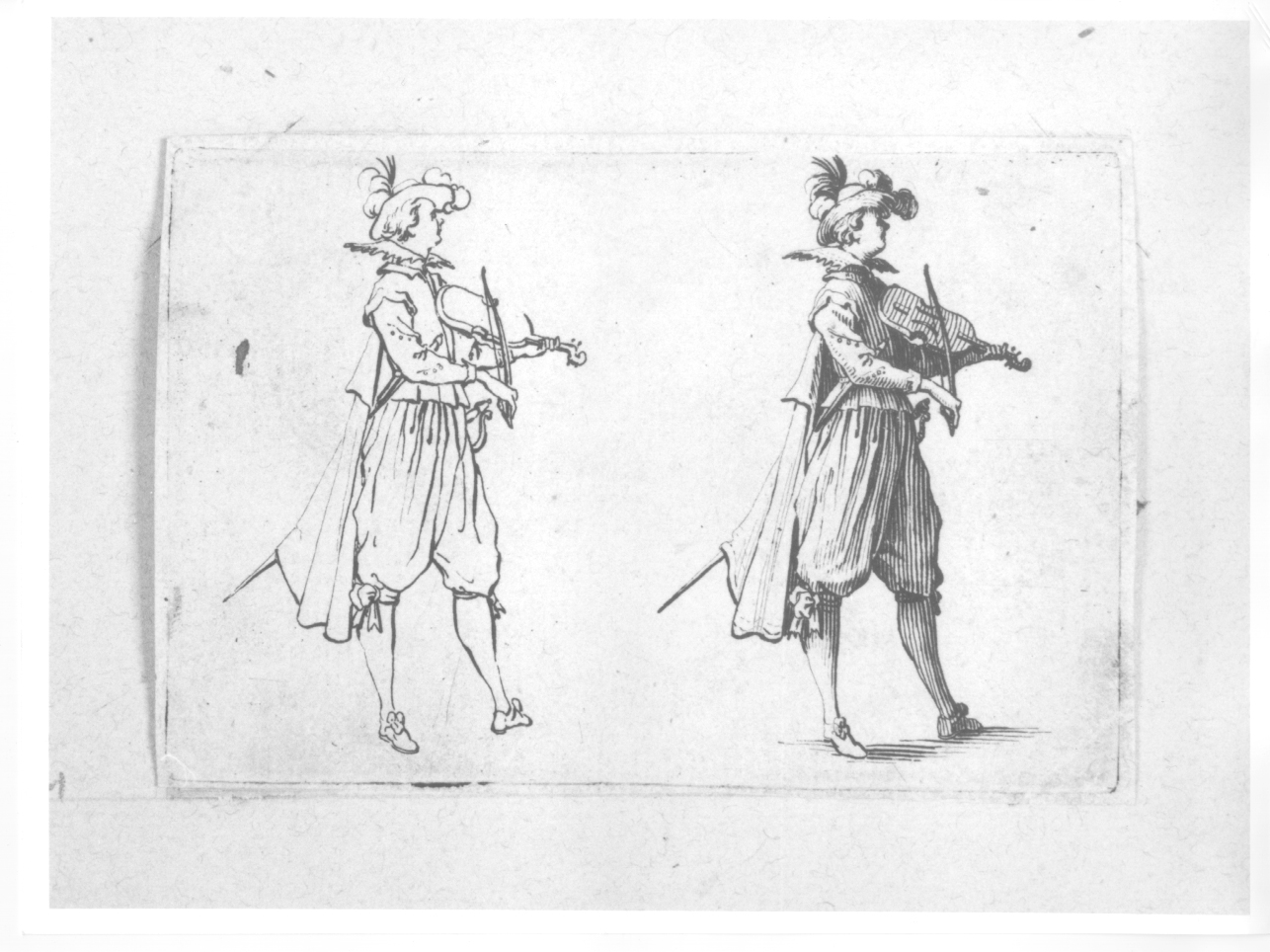studio di violinista, studio di figura maschile con violino (stampa) di Callot Jacques (primo quarto sec. XVII)