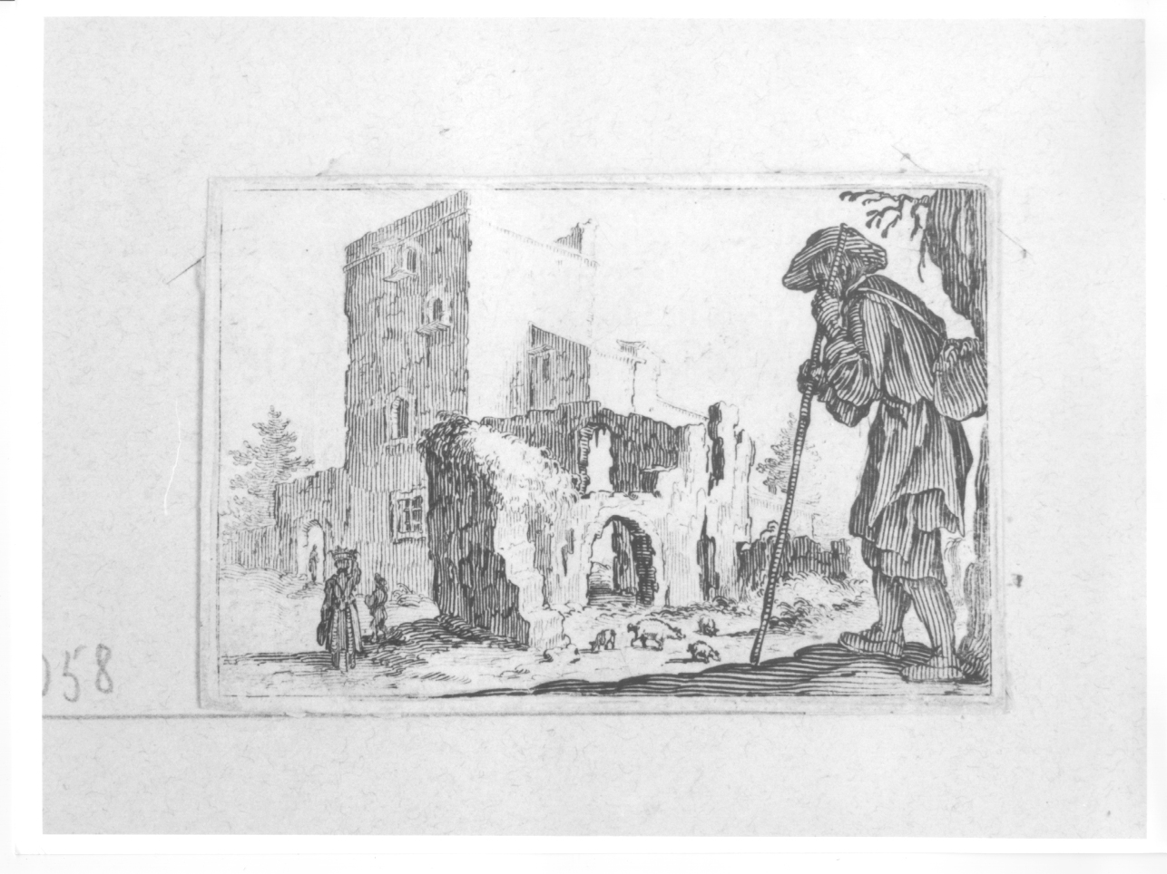 ruderi, paesaggio con rovine, figure e animali (stampa) di Callot Jacques (primo quarto sec. XVII)