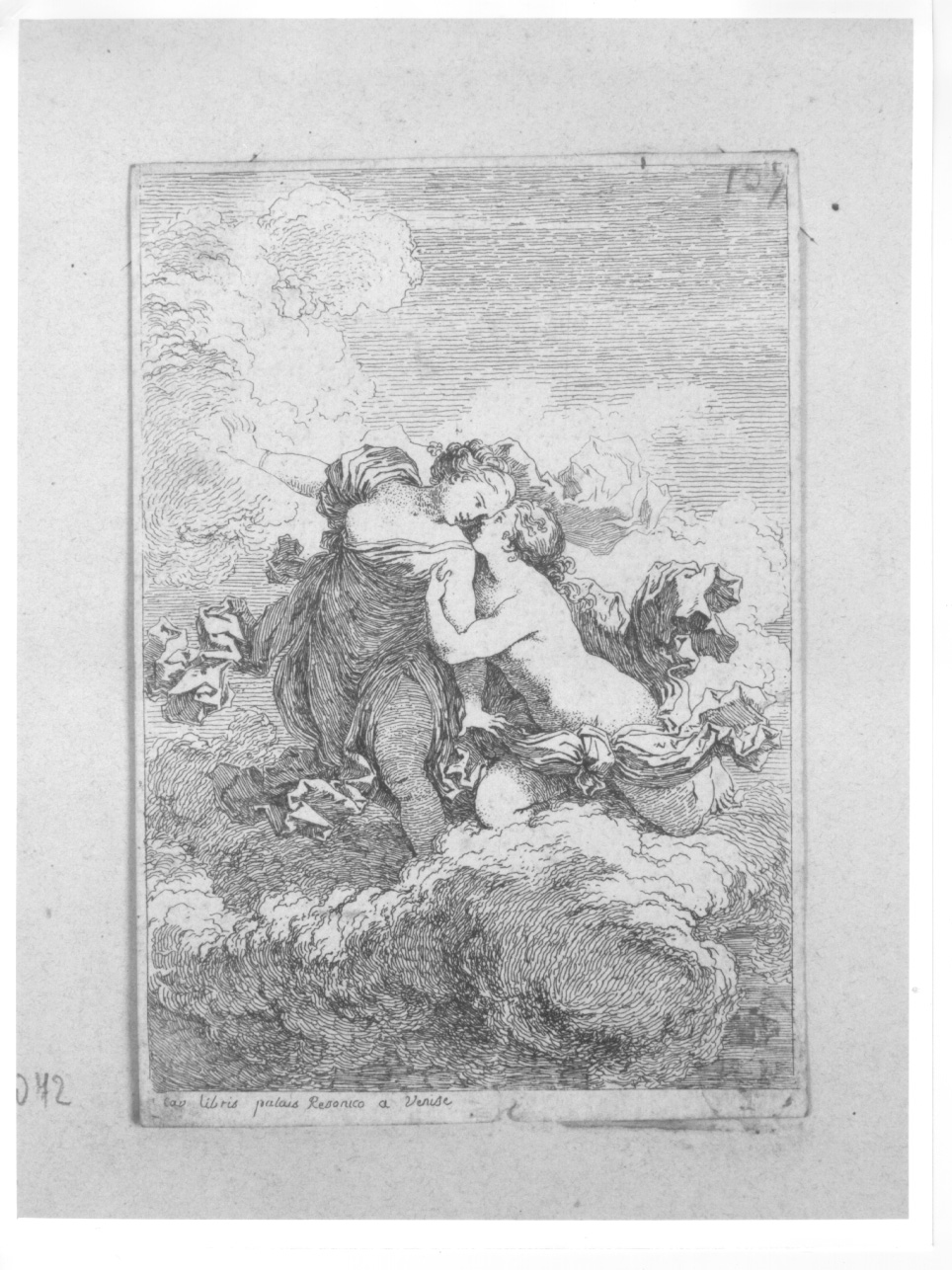 due fanciulle abbracciate sulle nubi (stampa) di Fragonard Jean Honoré (metà sec. XVIII)