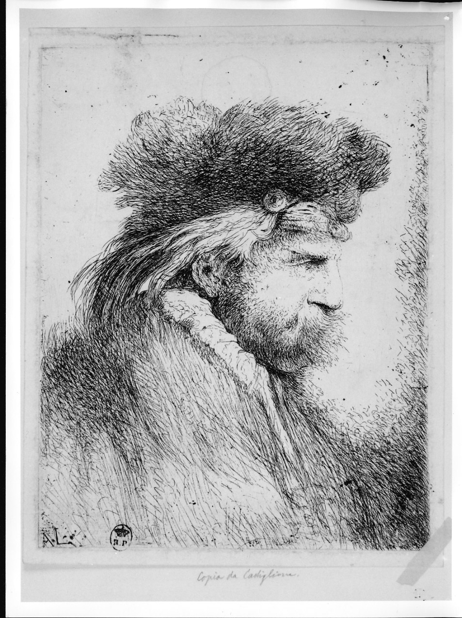 testa d'uomo (stampa) di Castiglione Giovanni Benedetto detto Grechetto (metà sec. XVII)