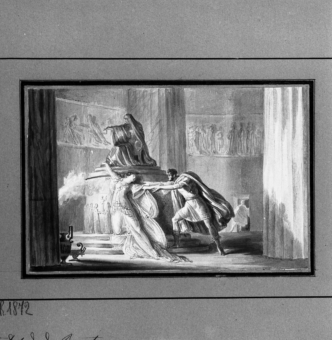 figura maschile e figura femminile in un interno (stampa) - ambito francese (prima metà sec. XIX)