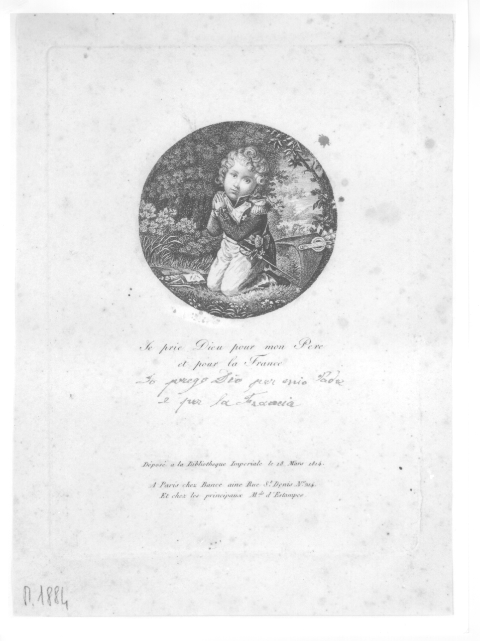 Napoléon François Joseph Charles Bonaparte inginocchiato in preghiera (stampa) - ambito francese (prima metà sec. XIX)
