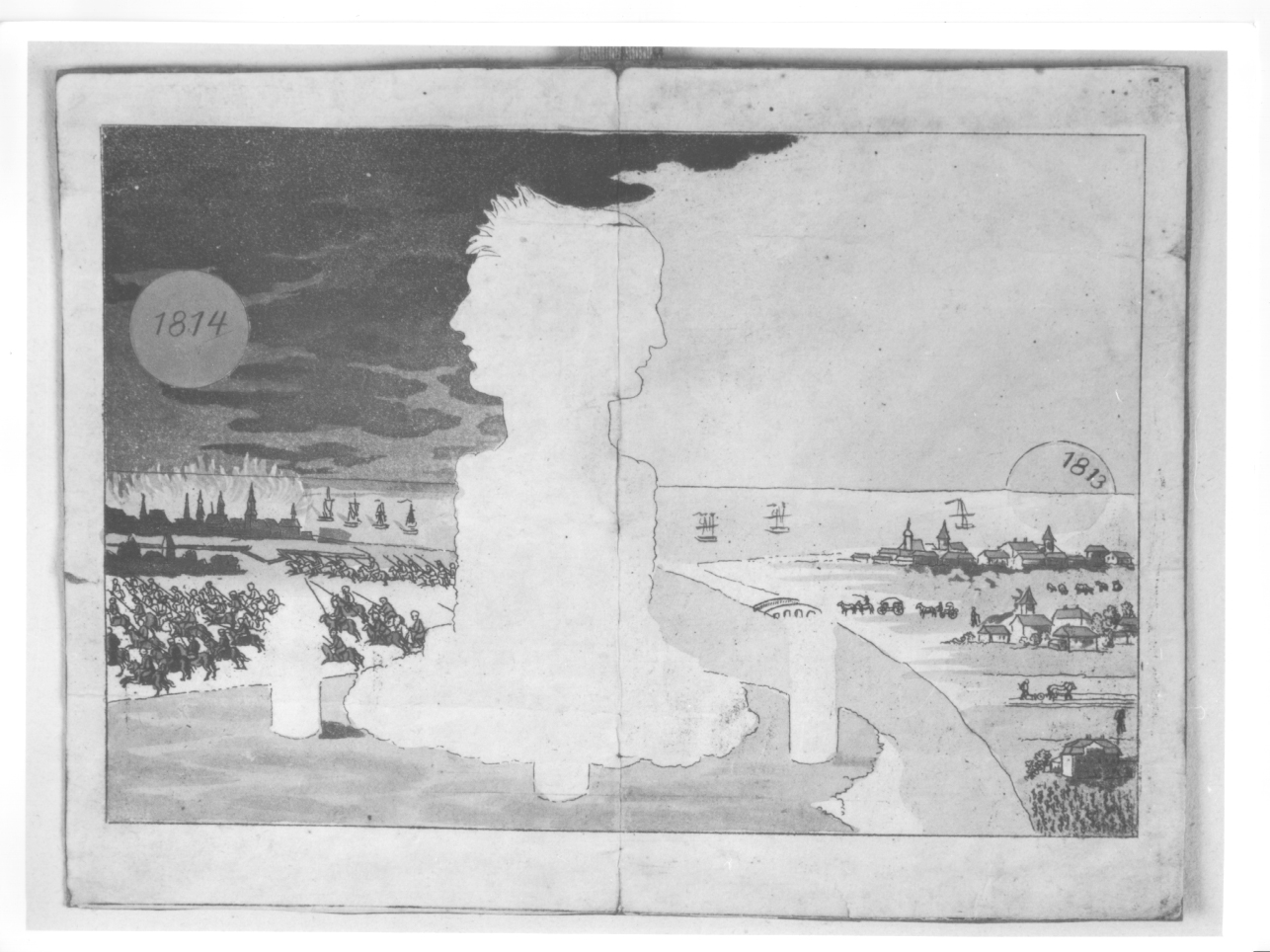 Sguardo al passato e al futuro, agli albori del 1814, ritratto satirico di Napoleone Bonaparte (stampa) - ambito tedesco (primo quarto sec. XIX)