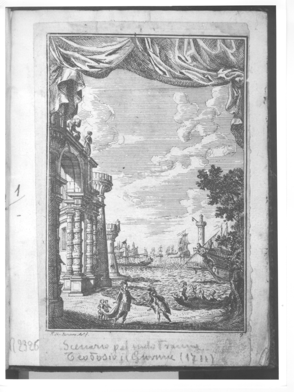 scenografie teatrali per l'opera Teodosio il Giovane (stampa tagliata, serie) di Juvarra Filippo (primo quarto sec. XVIII)