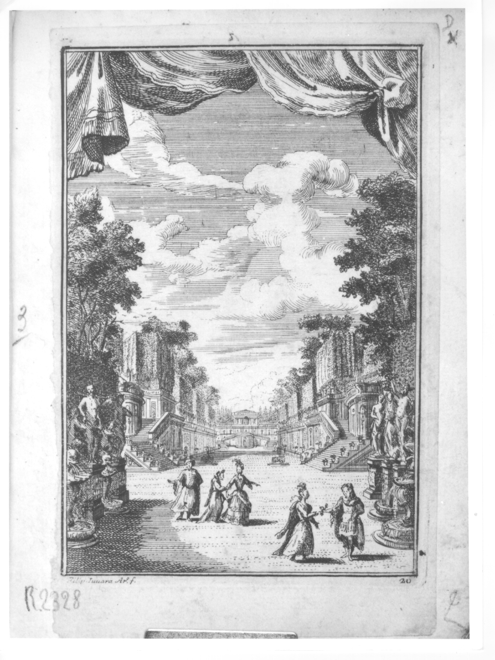SCENARIO PER IL MELODRAMMA "TEODOSIO IL GIOVANE" (1711), scenografia teatrale per l'opera Teodosio il Giovane (stampa tagliata, elemento d'insieme) di Juvarra Filippo (primo quarto sec. XVIII)