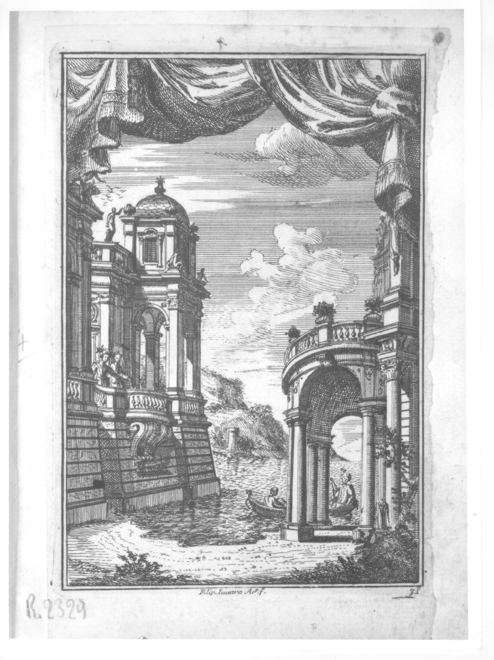 SCENARIO PER IL MELODRAMMA "TEODOSIO IL GIOVANE" (1711), scenografia teatrale per l'opera Teodosio il Giovane (stampa tagliata, elemento d'insieme) di Juvarra Filippo (primo quarto sec. XVIII)